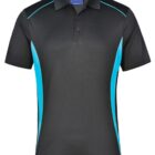 Black polo shirt with blue accents on the sides and shoulders, featuring a collar and buttons.