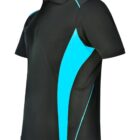 Black polo shirt with blue accents on the sides and shoulders.