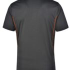Back view of a black polo shirt with orange side accents.