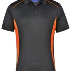 Black polo shirt with orange side panels and a blue label inside the collar.