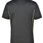 Black polo shirt with green stripes on the sides, viewed from the back.
