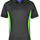 Black polo shirt with bright green side panels and shoulder accents.