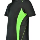 Black and green polo shirt with short sleeves and side panels.