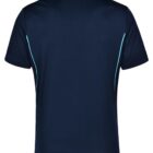 Back view of a dark navy polo shirt with light blue accents on the sides.