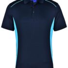 Black polo shirt with blue side panels and white piping accents.