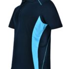 Black polo shirt with light blue side panels and a collar.
