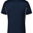Back view of a dark blue polo shirt with white piping on the sides.