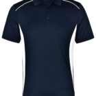 Black and white collared polo shirt with buttoned placket.