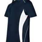 Navy blue polo shirt with white side panels and short sleeves.