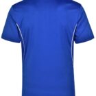 Back view of a blue polo shirt with white piping on the sides.
