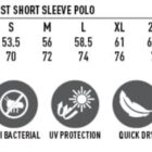 Size chart for mens polo shirt with fabric features and care icons.