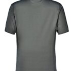 Back view of a dark gray short-sleeve polo shirt on a white background.