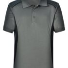 Gray short-sleeve polo shirt with black side panels and a three-button collar.