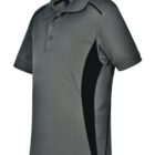 Gray and black short-sleeve polo shirt with a collar and buttons.