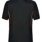 Back view of a black polo shirt with orange side accents.