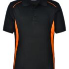 Black polo shirt with orange side stripes and short sleeves.