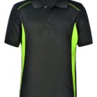 Black and neon green polo shirt with short sleeves and buttoned collar.