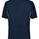 Back view of a navy polo shirt with light blue side piping.
