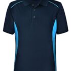 Navy polo shirt with light blue side panels and black buttons.