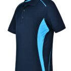 Navy polo shirt with light blue side panels and short sleeves.