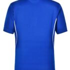 Back view of a plain blue polo shirt with white side accents.
