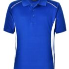 Blue polo shirt with a collar and white side accents.