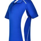 Blue polo shirt with white side panels and short sleeves.