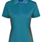 Teal and gray womens polo shirt with a collar and buttons.