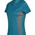 Teal and gray polo shirt with short sleeves on a white background.