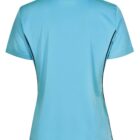 Back view of a light blue polo shirt with dark side seams.