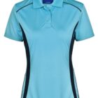 Light blue polo shirt with navy side panels and a three-button collar.