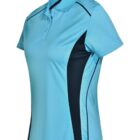 Light blue polo shirt with dark blue side panels, displayed on a mannequin.