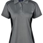 Gray and black short-sleeved polo shirt with collar and buttons.