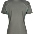 Back view of a dark gray polo shirt with turquoise accents and short sleeves.