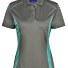 Gray and teal short-sleeve polo shirt on a white background.