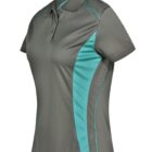 Gray polo shirt with turquoise side panels and piping.