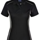 Black polo shirt with gray side stripes on a white background.
