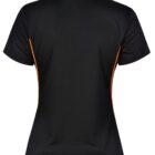 Back view of a black short-sleeve collared shirt with orange side piping.