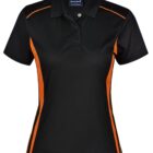 Black polo shirt with orange side panels and a collar.