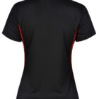 Black polo shirt with red side stripes, viewed from the back.