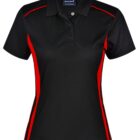 Black polo shirt with red side panels and collar buttons.