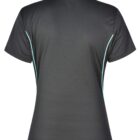 Black short-sleeve polo shirt with teal side stripes, viewed from the back.