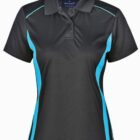 Black polo shirt with blue side stripes and short sleeves.