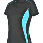Black polo shirt with blue side panels and short sleeves.
