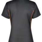 Back view of a black polo shirt with orange side stripes.