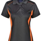 Black and orange polo shirt with short sleeves and collar.