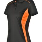 Black polo shirt with orange side panels and trim.