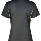 Black polo shirt with green side trim, viewed from the back.