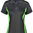 Black and green womens polo shirt with a collared neckline and short sleeves.