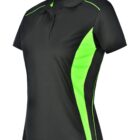 Black and neon green polo shirt with short sleeves and a collar.